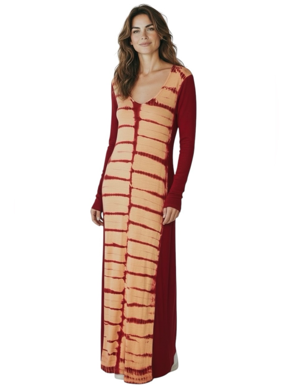 Romeo & Juliet Couture Red and Peach Tie-Dye Long Sleeve Maxi Sz. M